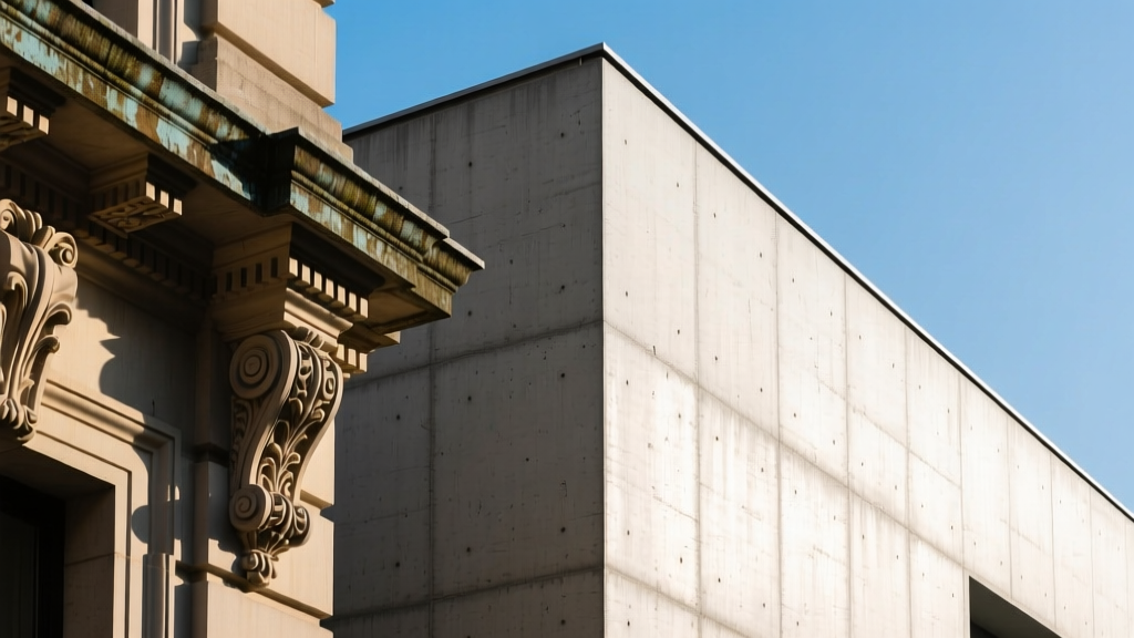 Split architectural facade showing ornate cast stone quoins and lintels contrasting with a smooth poured standard concrete structural wall