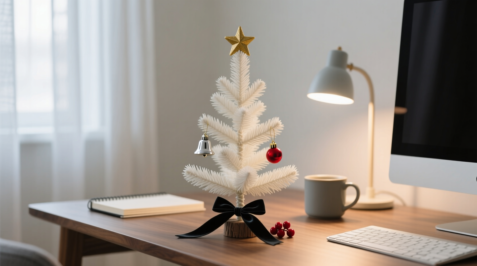 how to style a mini christmas tree on a desk without cluttering workspace