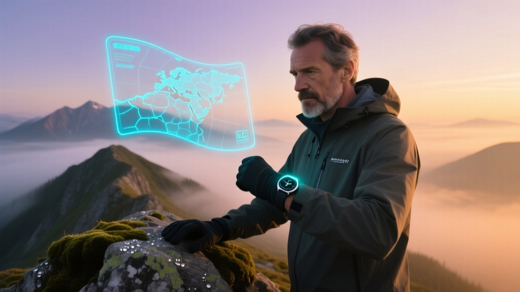 A rugged hiker checking a holographic GPS interface on a next-generation smartwatch atop a misty alpine ridge at dawn