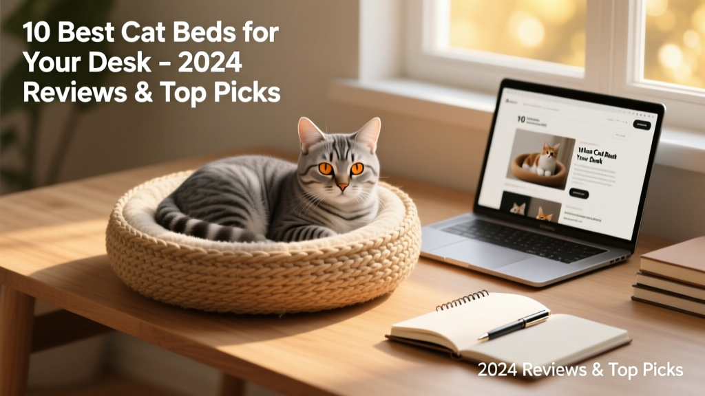 A gray tabby cat curled up in a soft, circular nest-style bed perched neatly on a tidy wooden desk beside a laptop and notebook