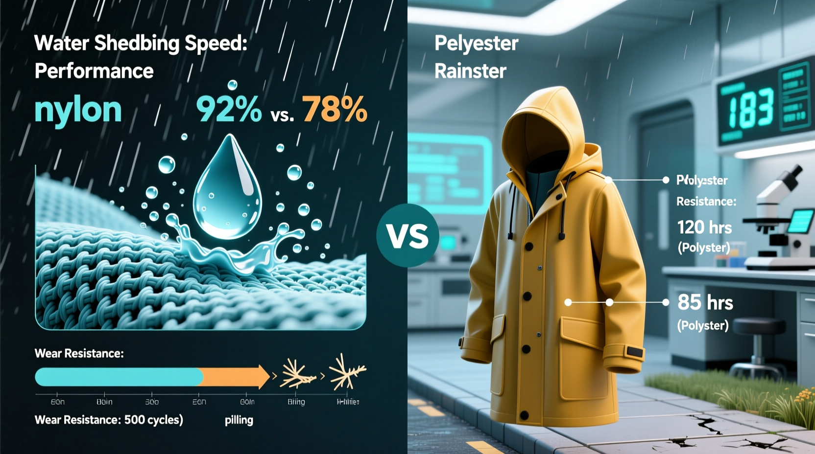nylon vs polyester raincoats which sheds water faster and resists wear longer