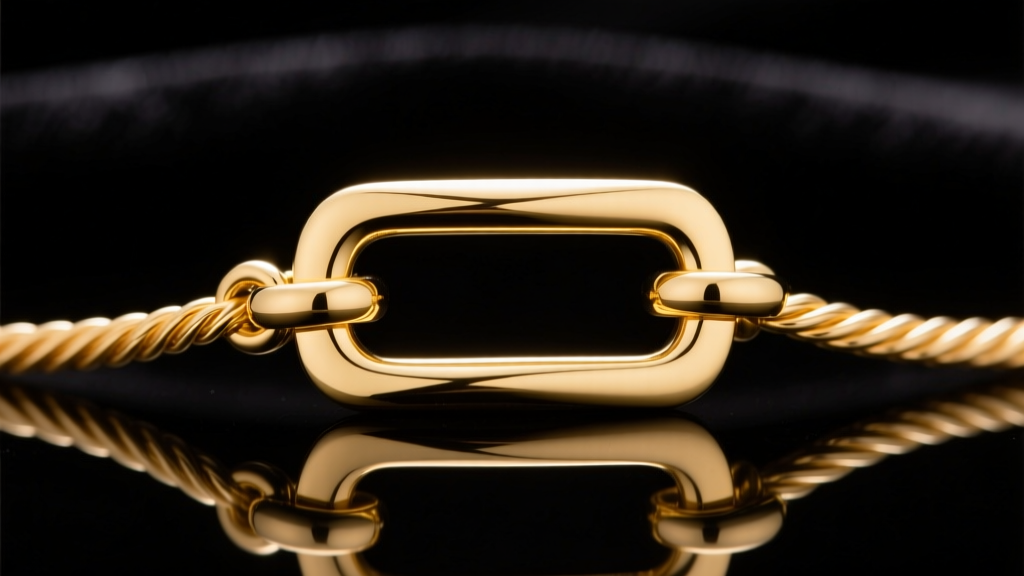 Macro photography of a 14k yellow gold T-bar toggle clasp interlocking on a 4mm cable chain, studio lighting on black velvet