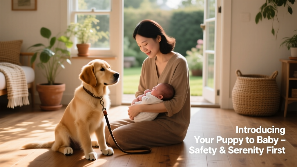 A parent calmly holding a baby while a trained puppy sits nearby, focused and relaxed, with a leash loosely held