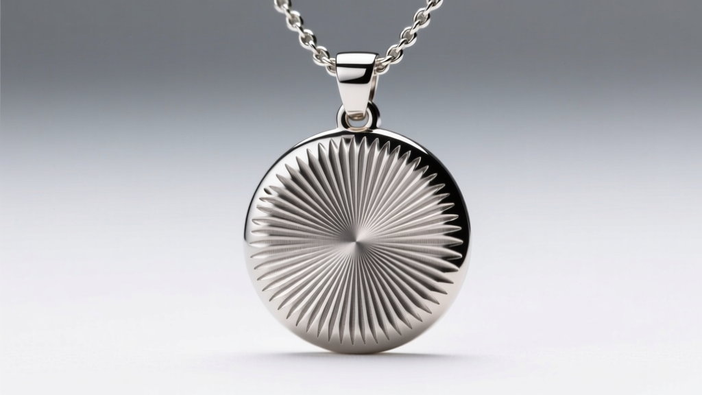 Macro photography showing deep, crisp grooves of a fiber laser engraving on a brushed stainless steel necklace pendant surface.