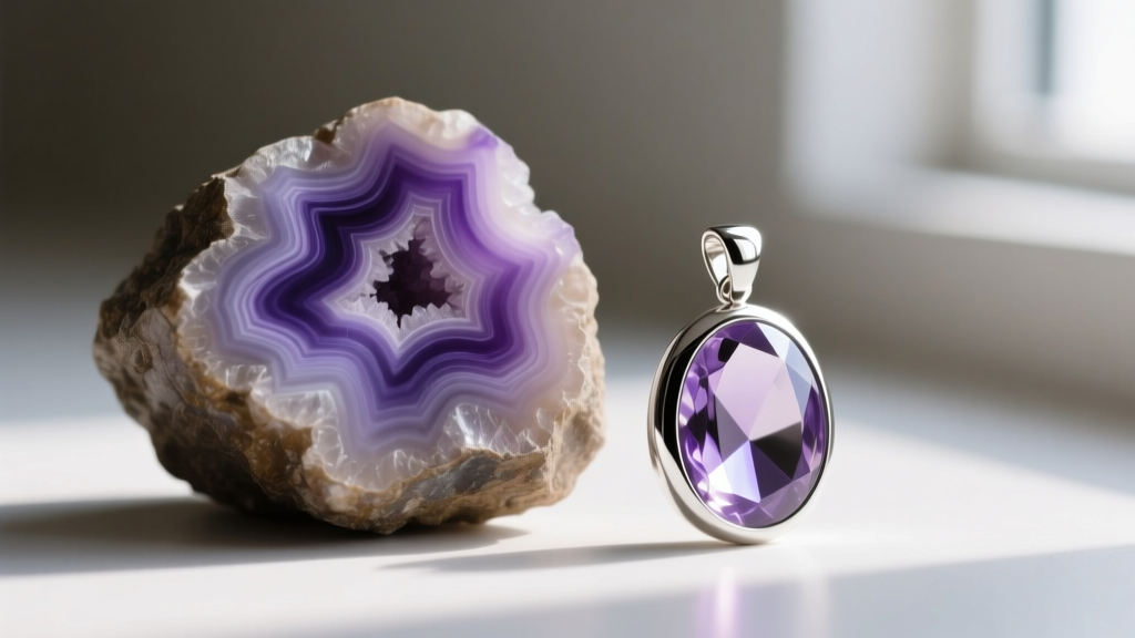 Close-up of raw charoite with swirling lilac patterns next to a finished silver pendant revealing its polished chatoyant surface