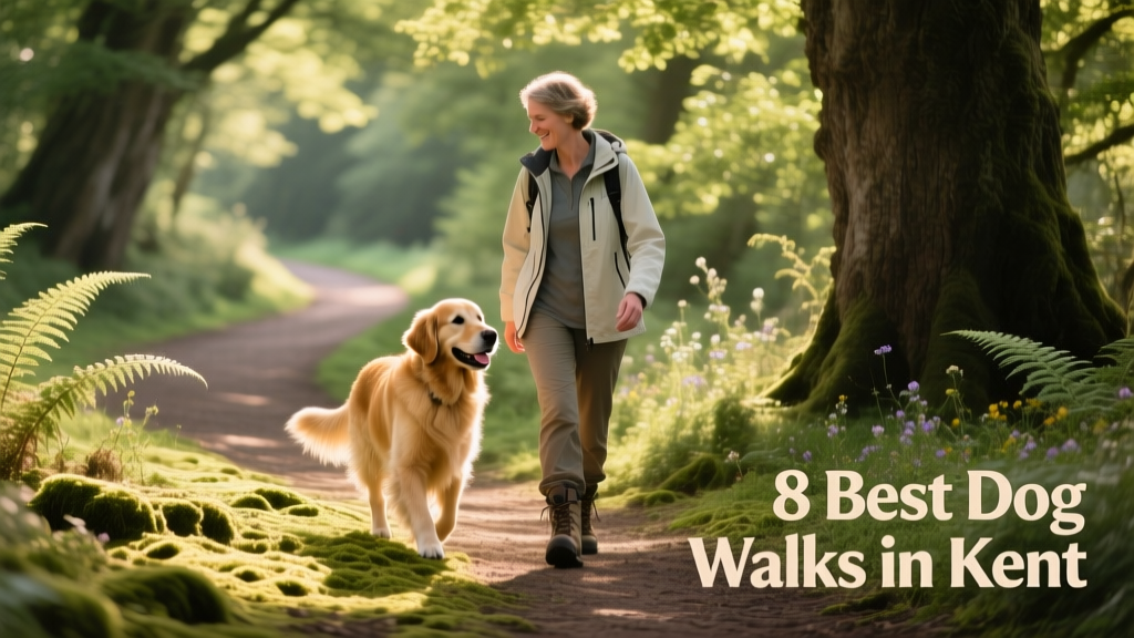 A dog walking beside their owner on a leafy woodland path with dappled sunlight filtering through tall trees