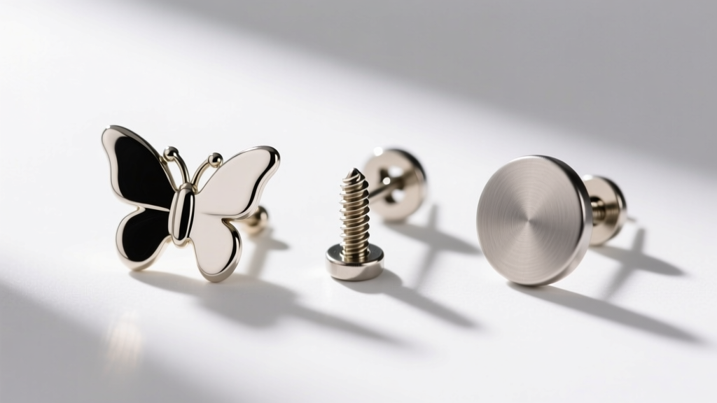 Close-up of three earring backing types side-by-side: a butterfly friction back, a threaded screw back, and a titanium flat back.
