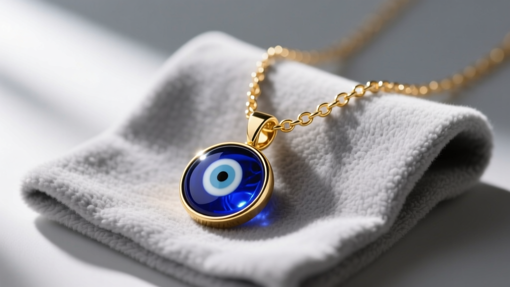 Close-up of a gold vermeil necklace with a cobalt blue glass evil eye pendant resting on a soft grey microfiber cleaning cloth.