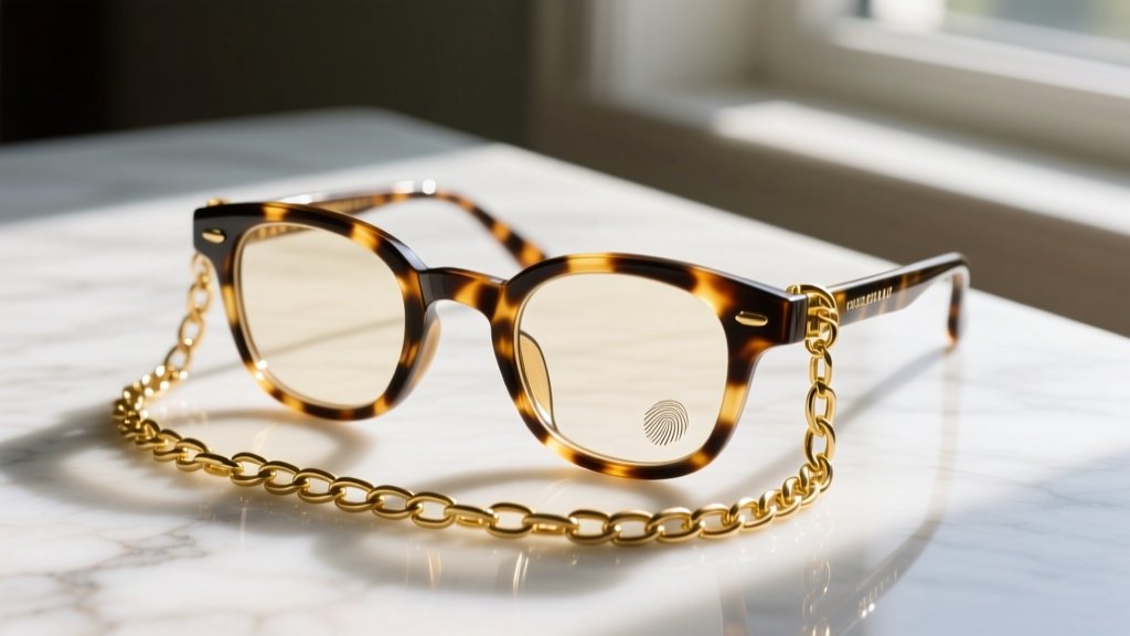 Gold-filled eyeglass chain draped over tortoiseshell reading glasses on white marble, illuminated by soft morning sunlight.