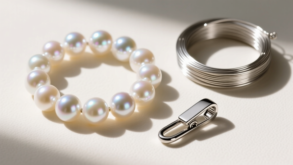 Flat lay of jewelry tools, AAA grade eight millimeter freshwater pearls, beading wire, and a magnetic safety breakaway clasp.