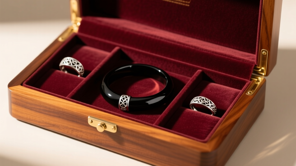 Open mahogany jewelry box with velvet compartments holding a black onyx bracelet and silver rings, soft warm ambient glow