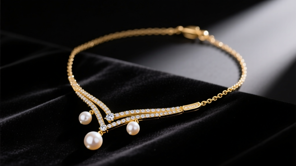 18k gold negligee necklace with asymmetric diamond and pearl drops on dark velvet, soft lighting highlighting the delicate chain.