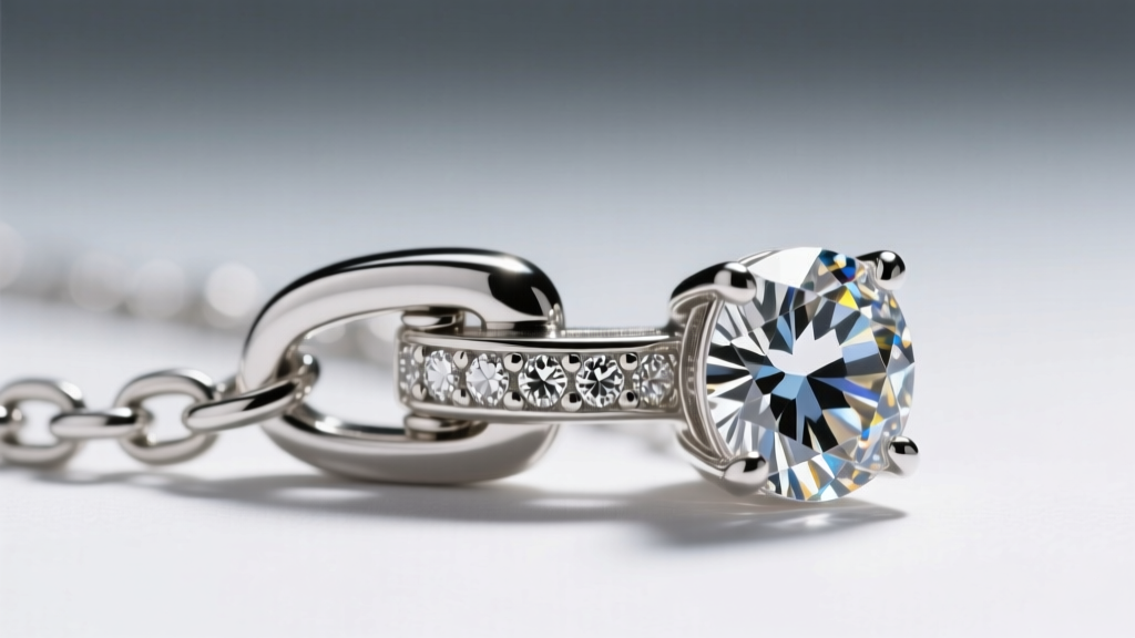 Extreme macro shot of a rhodium-plated sterling silver chain clasp and a pave-set cubic zirconia pendant showing prong details