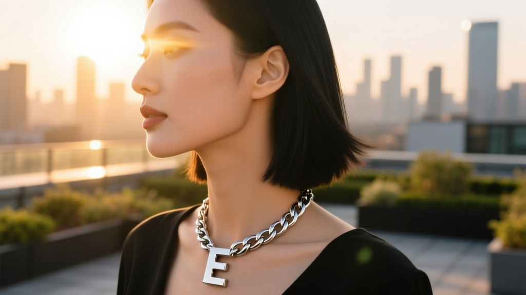 Side profile of a woman wearing a chunky 316L stainless steel initial selfie necklace, illuminated by warm golden hour sunset glow