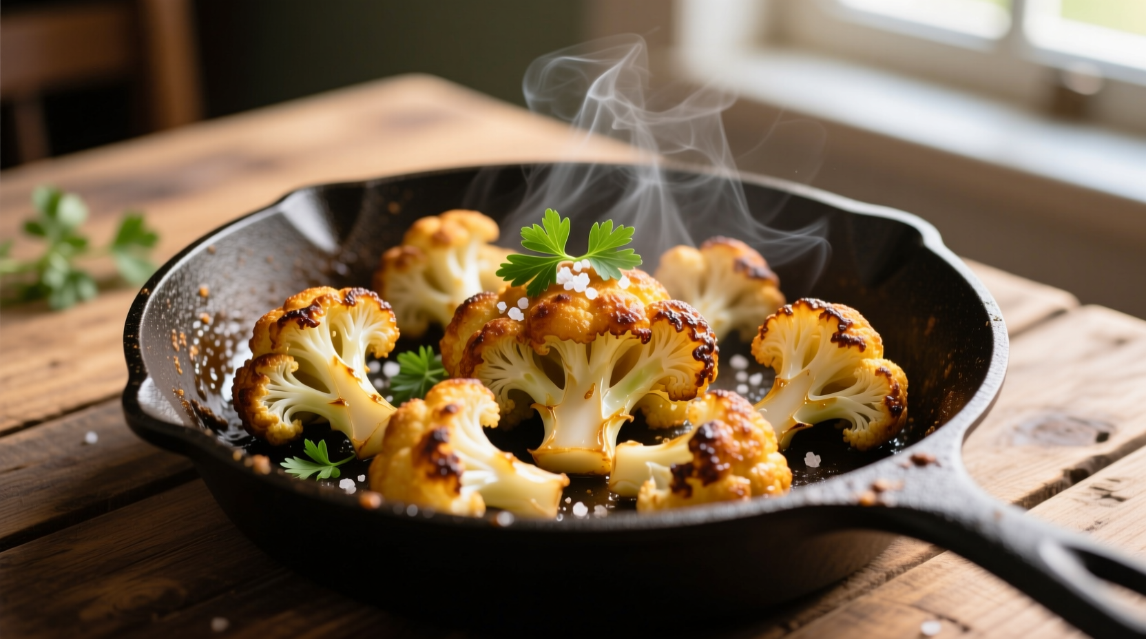 Golden brown pan fried cauliflower in cast iron skillet