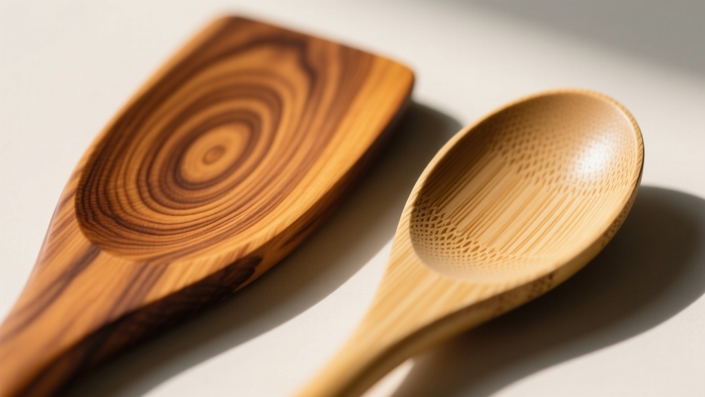 Close-up macro photography comparing tight edge-grain pattern of premium acacia wood spatula against fibrous linear bamboo spoon