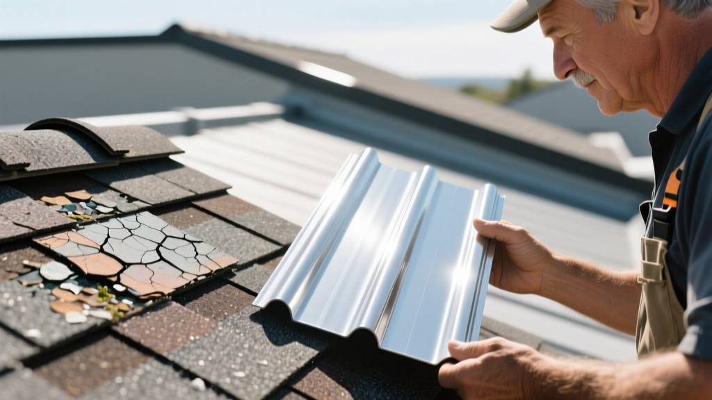 Close-up of a contractor comparing a weathered asphalt shingle and a pristine standing seam metal panel on a sunlit roof deck