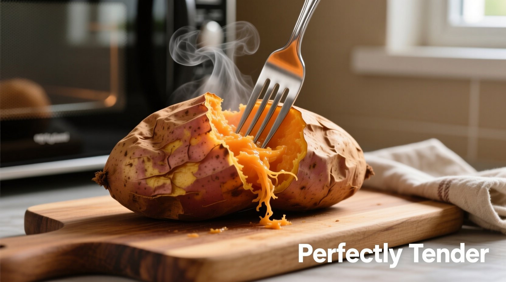 Microwaved sweet potato with fork showing perfect tenderness