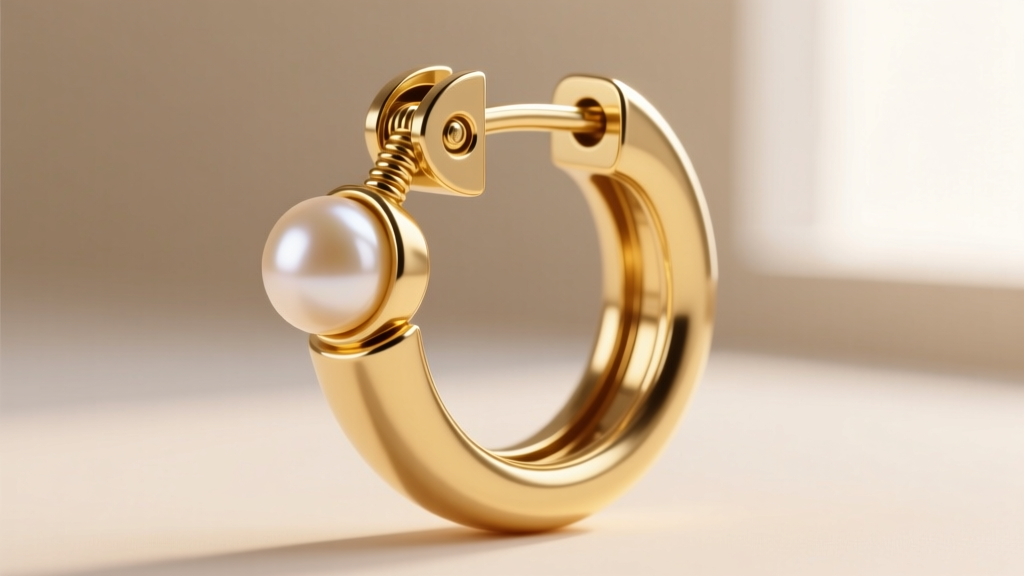 Macro view of a hinged snap clasp on a gold pearl hoop earring, revealing the interlocking groove and tension pin mechanism