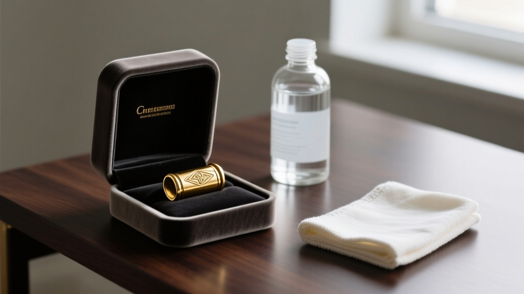 Velvet box holding a gold bullet ear cuff next to a glass bottle of sterile saline and a microfiber cloth on a dark wooden desk