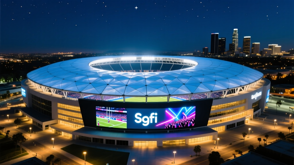 Aerial view of SoFi Stadium massive translucent ETFE canopy roof and glowing oculus screen during a night game in Inglewood California