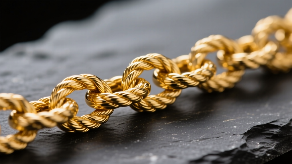 Macro shot of interlocking 14k yellow gold rope chain links on dark slate, highlighting metal texture, warm lighting, high detail