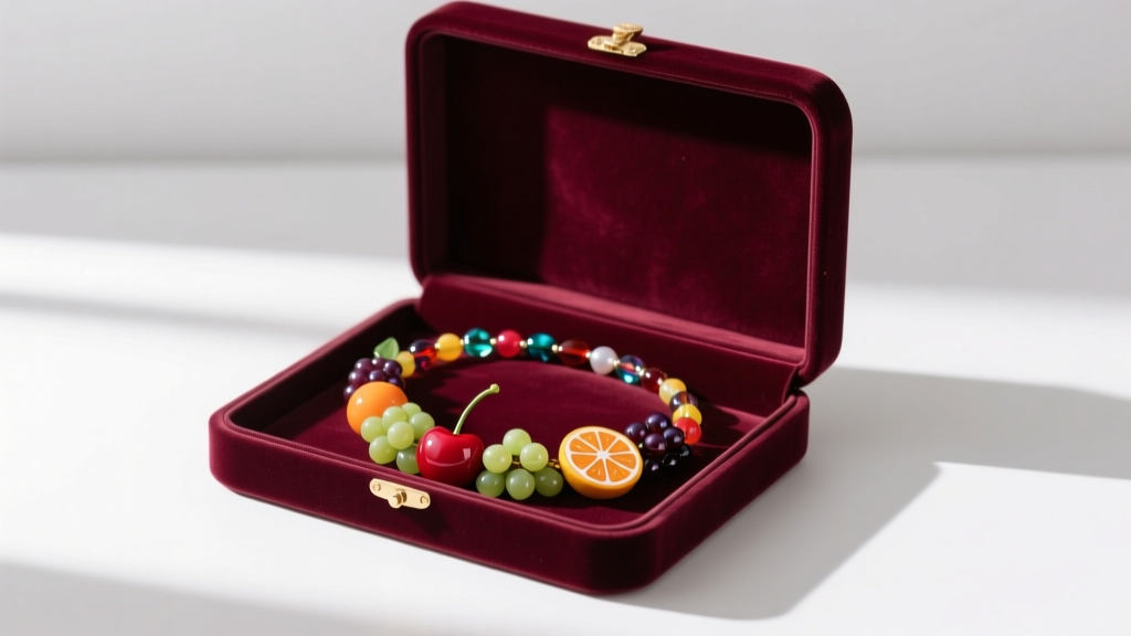 Velvet-lined jewelry box showing a beaded fruit necklace coiled loosely in a dedicated compartment, away from direct sunlight