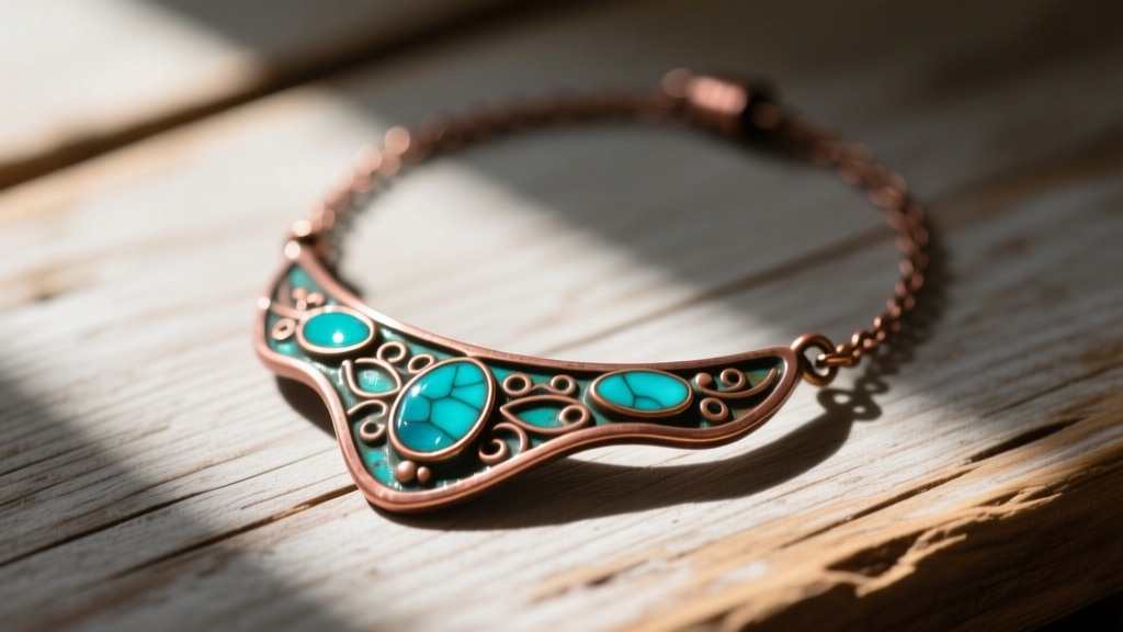 Handcrafted Stardew Valley bathhouse necklace with oxidized copper and teal vitreous enamel resting on a rustic wooden surface