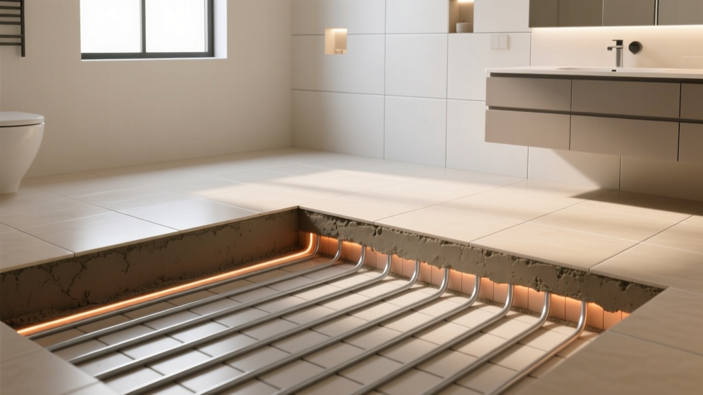 Cross-section diagram of a bathroom floor showing electric radiant heating cables embedded in thinset beneath large format porcelain tiles