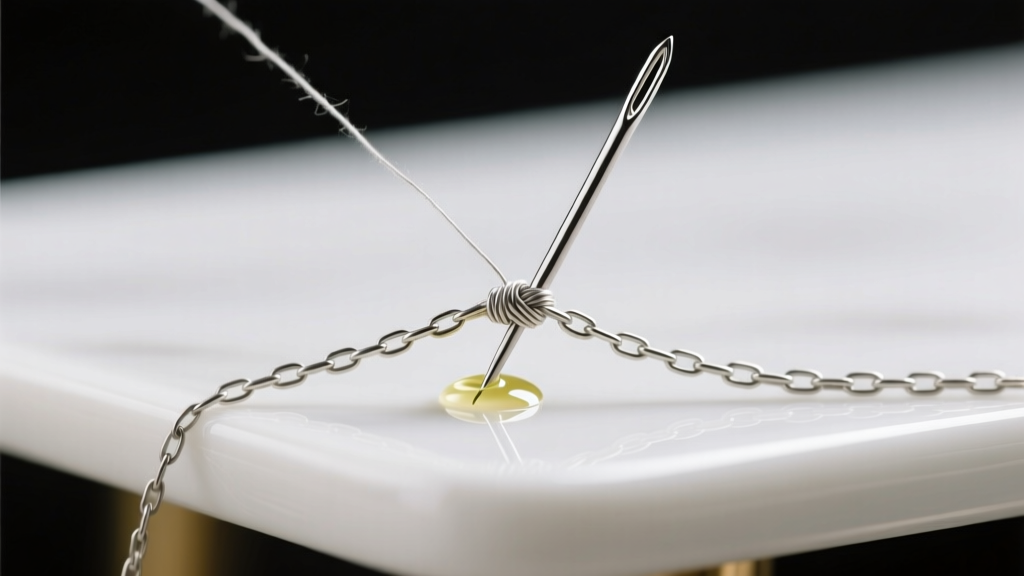 A fine sewing needle gently working through a micro-knot on a delicate 1mm cable chain with clear oil on a white ceramic surface.