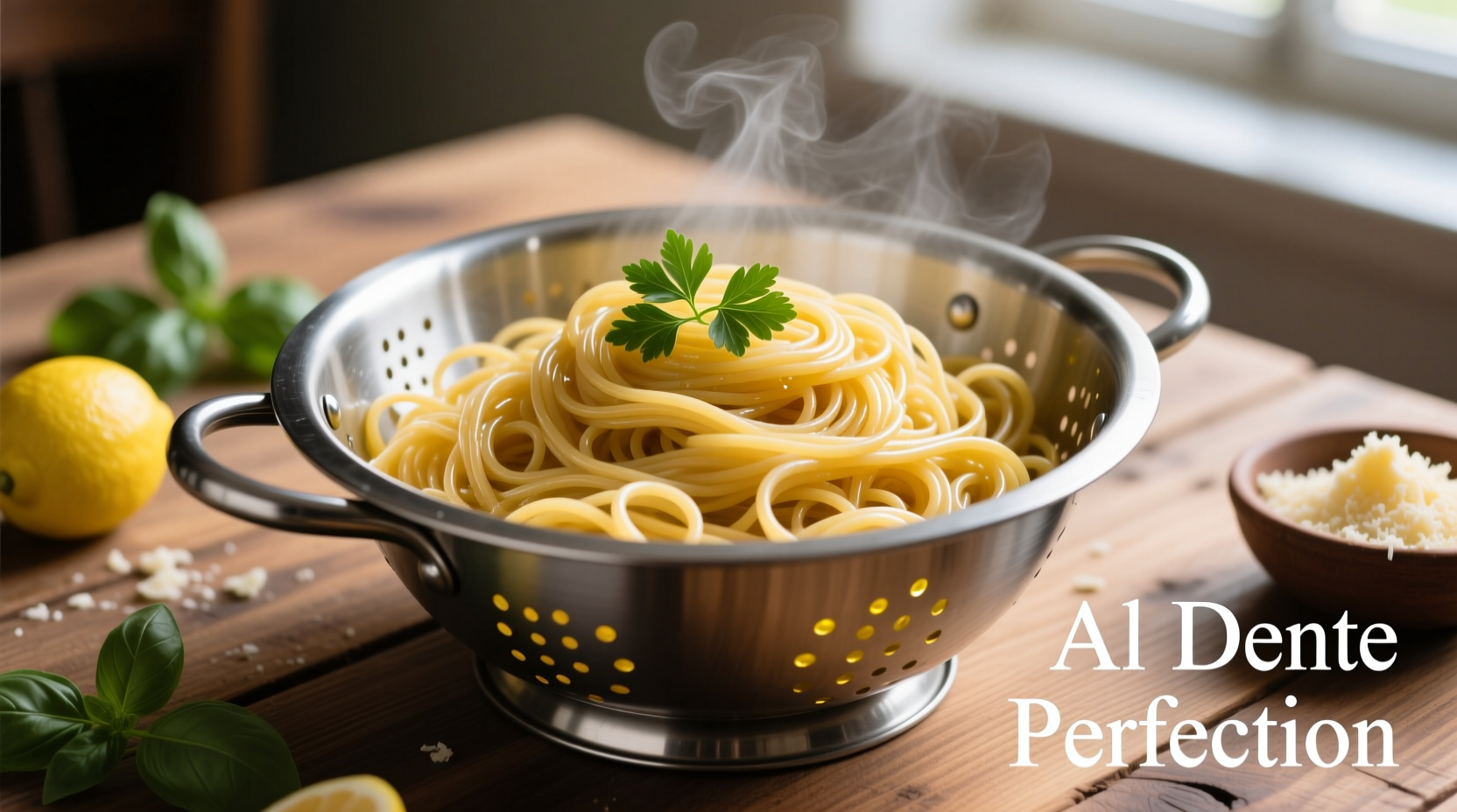 Perfectly cooked spaghetti in a colander