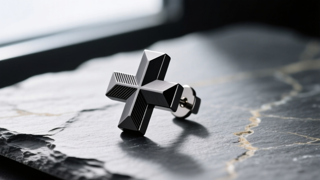 Macro shot of a matte black titanium cross earring on slate, highlighting CNC-milled edges and brushed finish under studio light