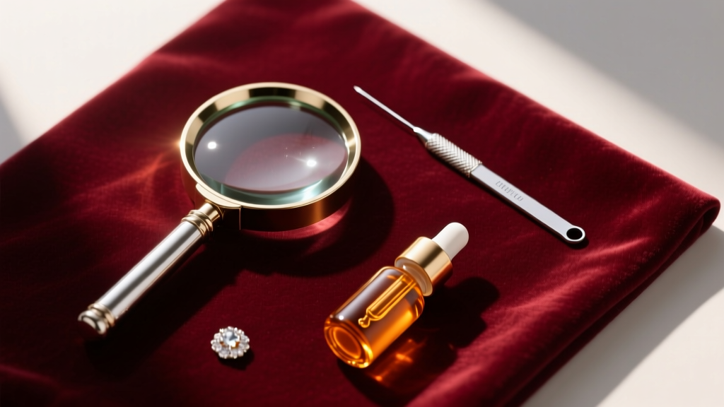 Flat lay of jewelry tools on velvet, featuring a 10x loupe, a fine sewing needle, and a small glass dropper bottle of jojoba oil