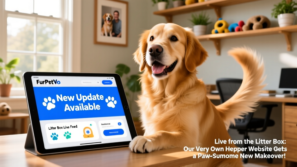 A joyful golden retriever sitting beside a tablet showing the FurPetVo app interface with a 'New Update Available' banner