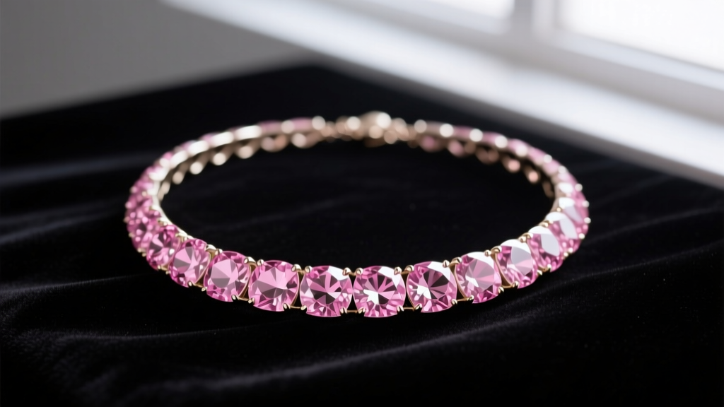 Close-up of a pink rhinestone necklace on dark velvet, soft lighting highlighting faceted glass stones and metallic foil backing