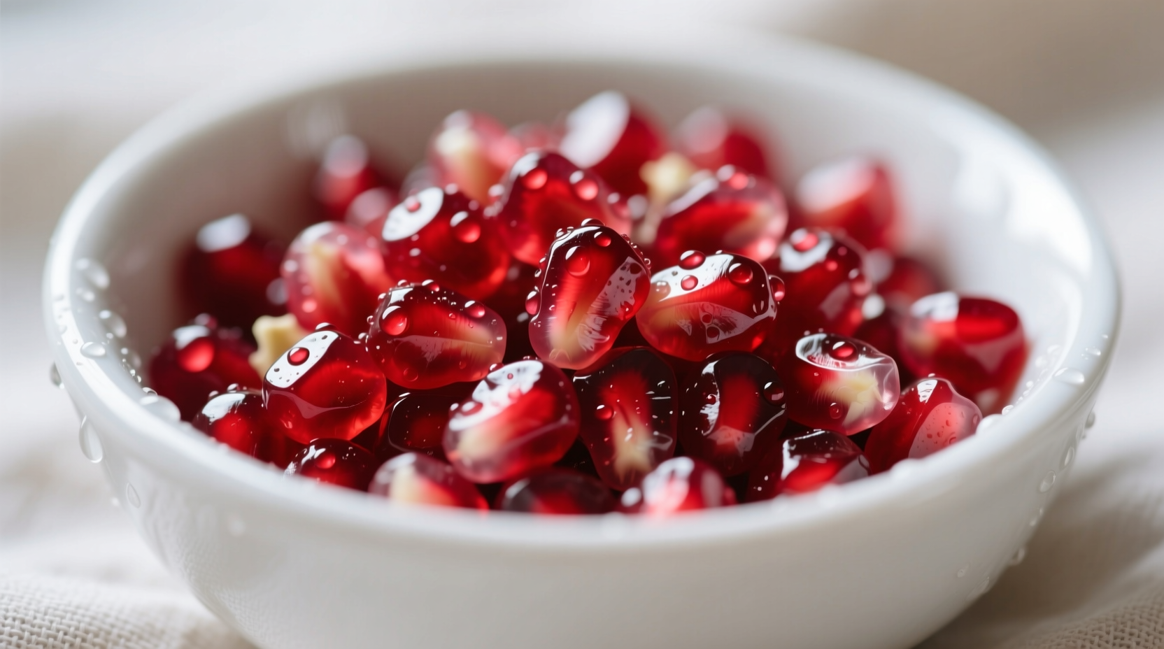 Close-up of fresh pomegranate seeds in white bowl