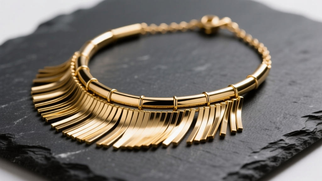 Macro studio shot of the gold-plated Stella and Dot Essential Fringe Necklace on dark slate, highlighting metallic fringe tubes.