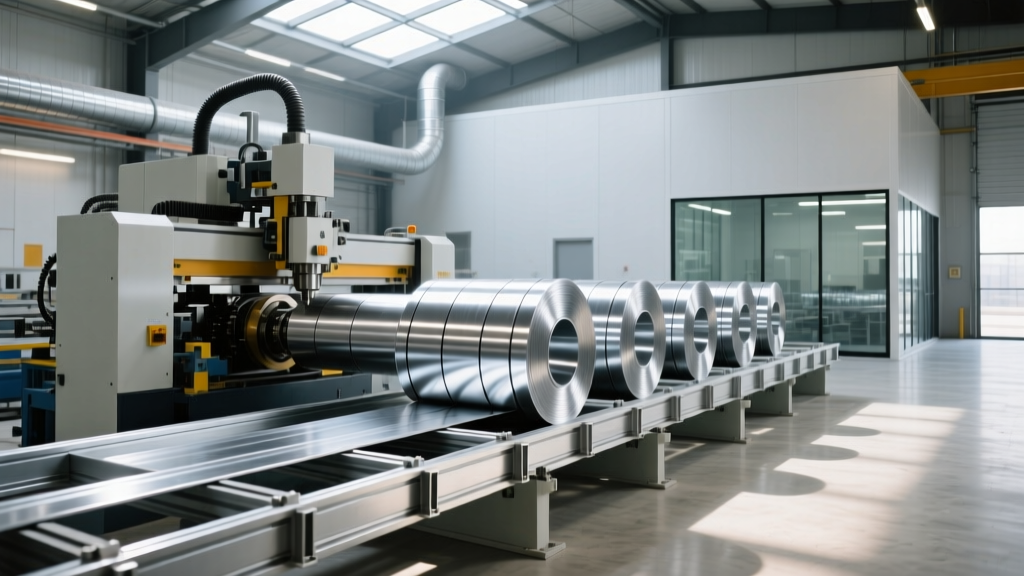 CNC light gauge steel framing machine roll-forming galvanized coils into wall studs inside a modern prefab manufacturing plant