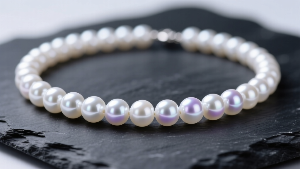 Macro shot of a white Akoya pearl necklace on dark slate, soft lighting highlighting the nacre iridescence and deep luster.