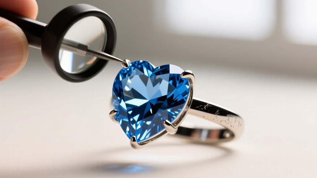 Macro shot of a loupe inspecting prong settings on a large blue cubic zirconia heart pendant to check for loose stones and wear