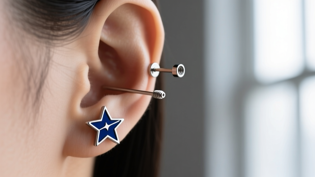 Side profile of a flat-back north star earring in the helix showing a 16-gauge titanium post and an internal threaded backing