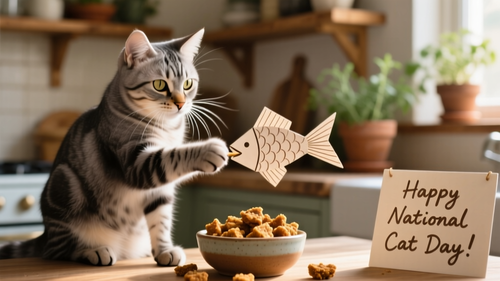 A close-up of a cat gently batting at a handmade paper fish toy while sitting beside a small bowl of homemade turkey treats