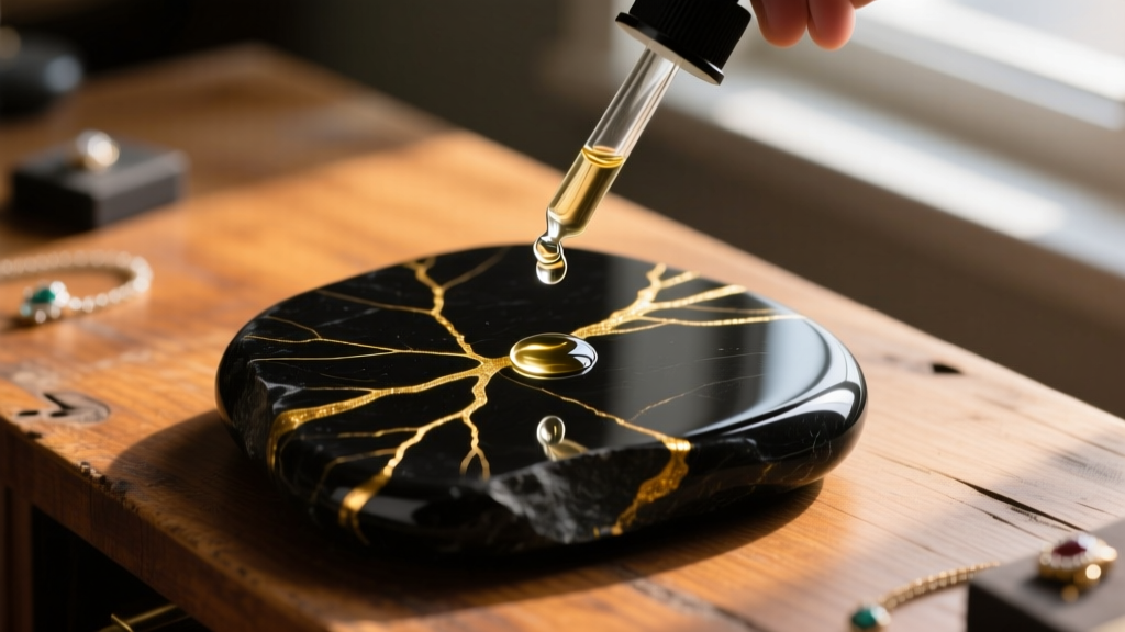 Overhead view of a black testing stone with gold streaks tested with liquid acid from a glass dropper on a wooden jeweler desk