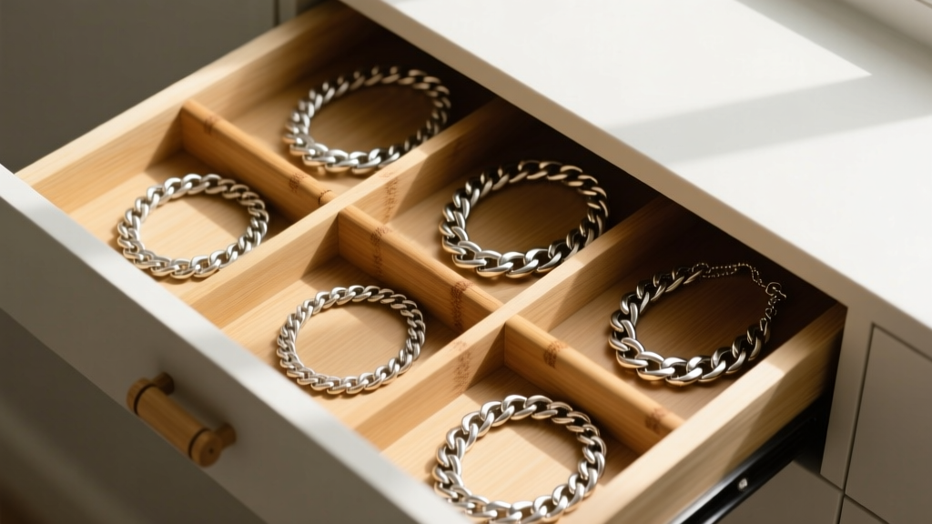 Overhead shot of a bamboo jewelry organizer for drawer spaces with adjustable dividers separating chunky silver chain necklaces