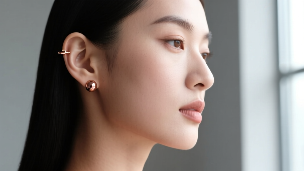 Side profile of a model wearing a 3mm rose gold ball in a tragus piercing and a 5mm rose gold ball stud in the primary earlobe.