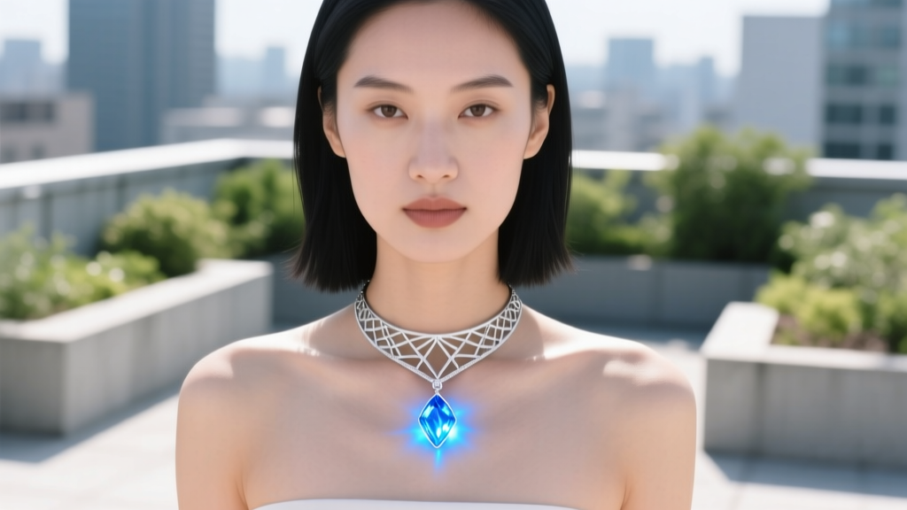 Woman wearing a silver mood choker, pendant glowing bright blue against her collarbone, photographed in bright natural daylight.