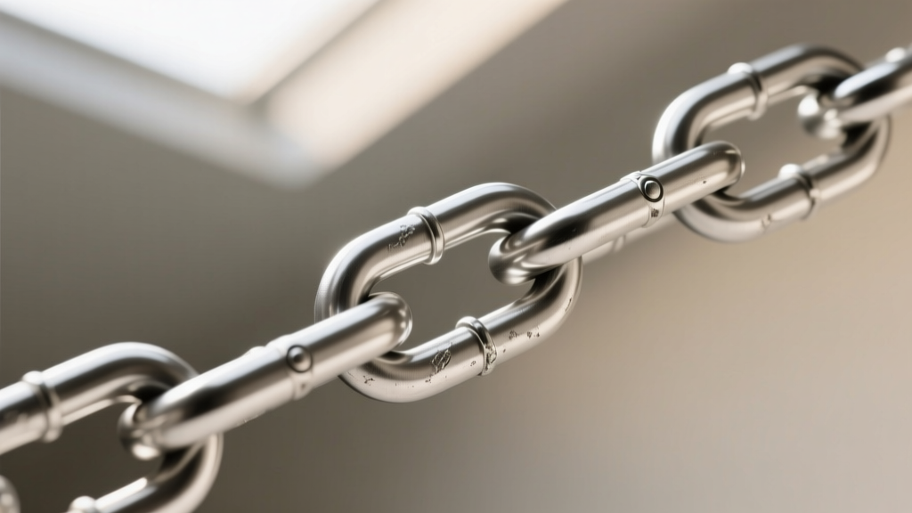 Close-up of a silver cause and effect chain showing interlocking tension points between the elongated and round metal links