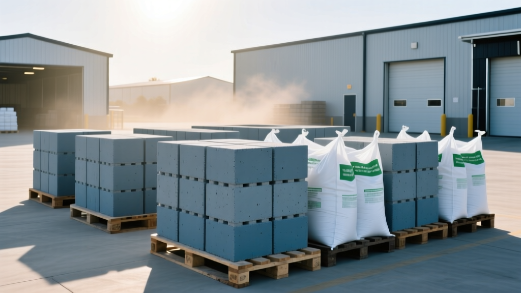 Stacked pallets of carbon-sequestering concrete masonry units and polymer mortar bags at a modern regional masonry supply distribution yard