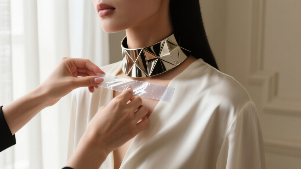 Behind-the-scenes fashion shot showing a stylist using clear silicone jewelry tape to anchor a heavy metal collar to a silk blouse