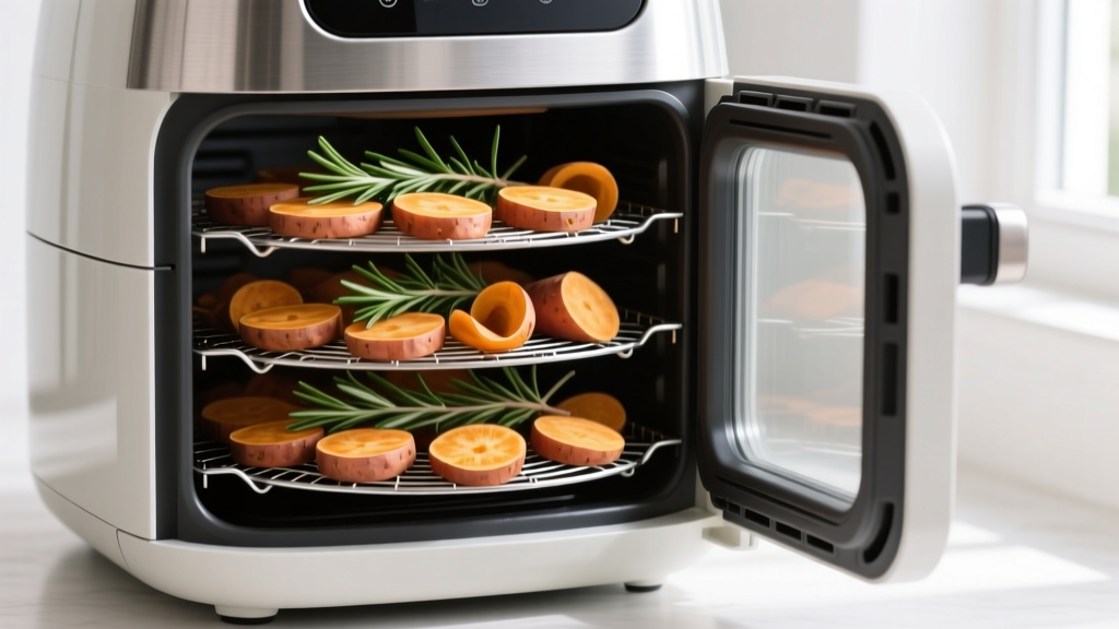 Three-tier steel dehydrator rack stacked with thinly sliced sweet potatoes and rosemary sprigs inside an 8-quart dual-basket air fryer